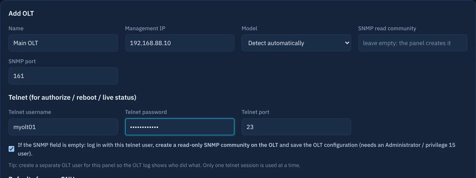Add OLT form with the SNMP field empty and the automatic SNMP box ticked