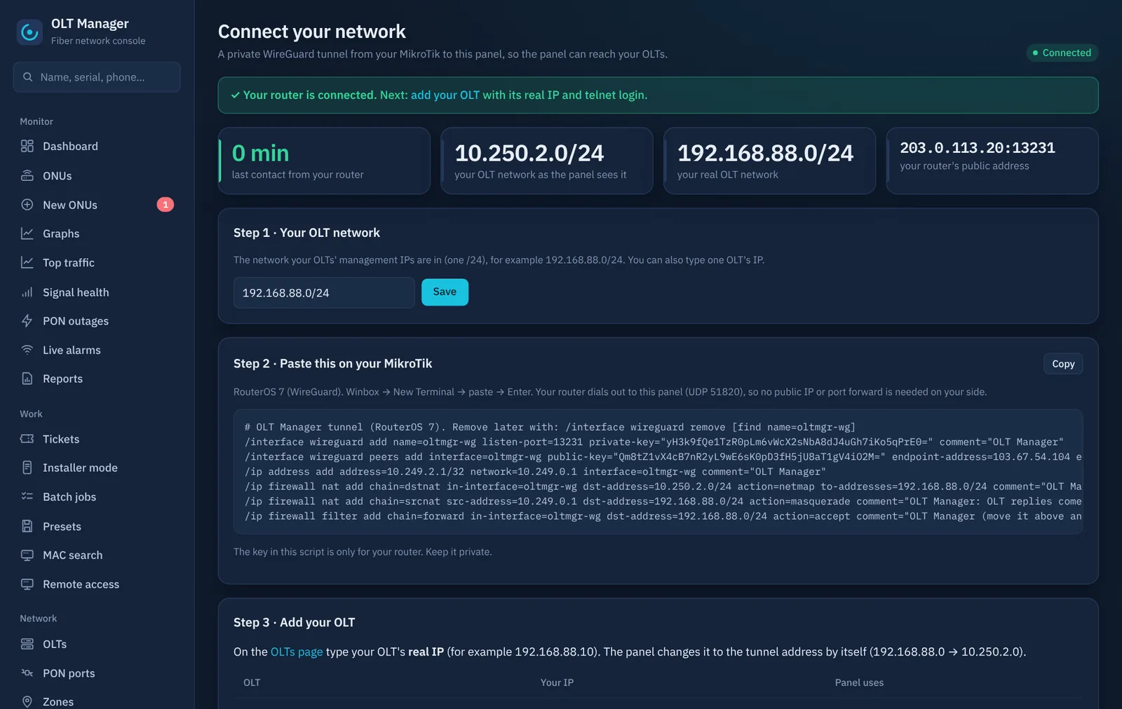 Connect network page: connected, with the MikroTik script and Copy button