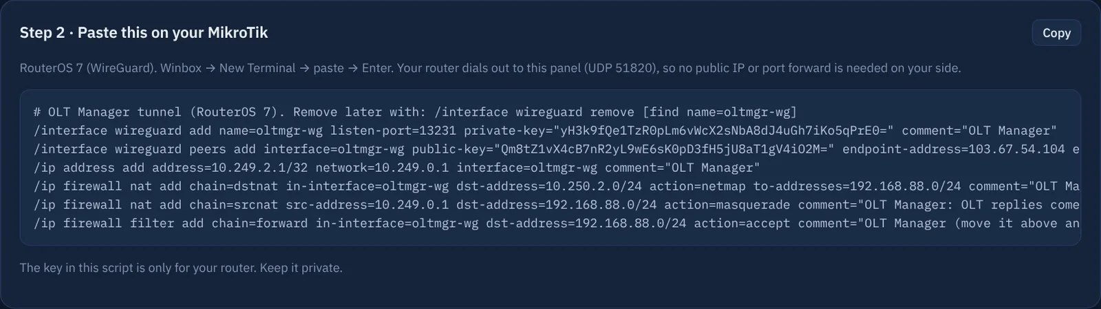 The MikroTik script on the Connect network page with its Copy button